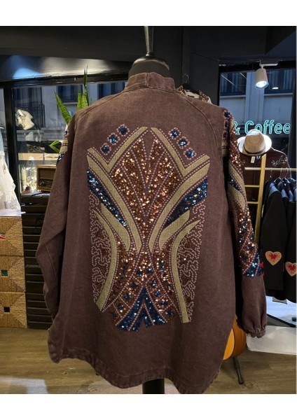 Kadın Taş Işlemeli Uzun Kollu Pamuk Kimono