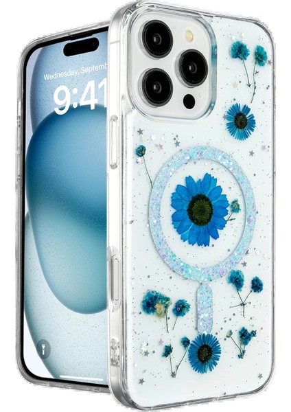 MYT09 iPhone 16 Pro Max Kılıf Daisy Simli Magsafe Kapak - Mavi