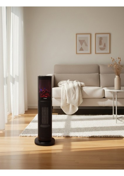 German OLED Black Series Seramik Kule Tipi Fanlı Isıtıcı Dijital Ekran Şömine Efektli Uzaktan Kumandalı