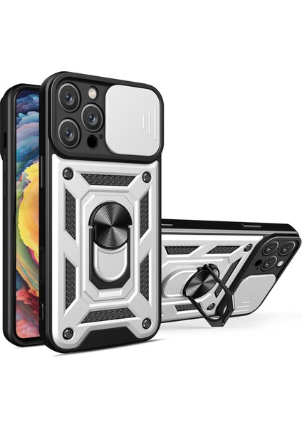 MYT09 iPhone 16 Pro Kılıf Pars Lens Yüzüklü Silikon - Gümüş