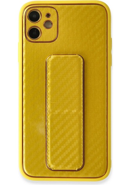 MYT09 iPhone 12 Kılıf Coco Karbon Standlı Kapak - Sarı