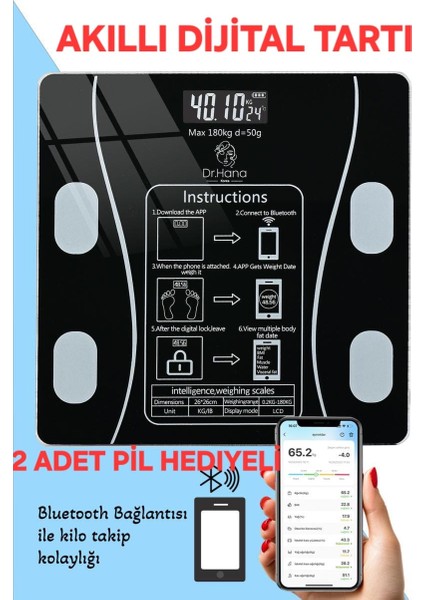 Dijital Tartı, Baskül, Yağ Su Kas Vücut Kitle Endeksi Kilo Ölçer Tartı