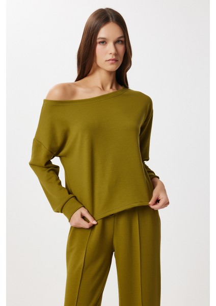 Açık Omuzlu Modal Alt-Üst Takım LBY0027 Zeytin Yeşili modelleri