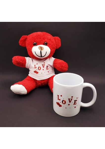 Love Tasarımlı Kupa Bardak ve Kırmızı Ayıcık Seti