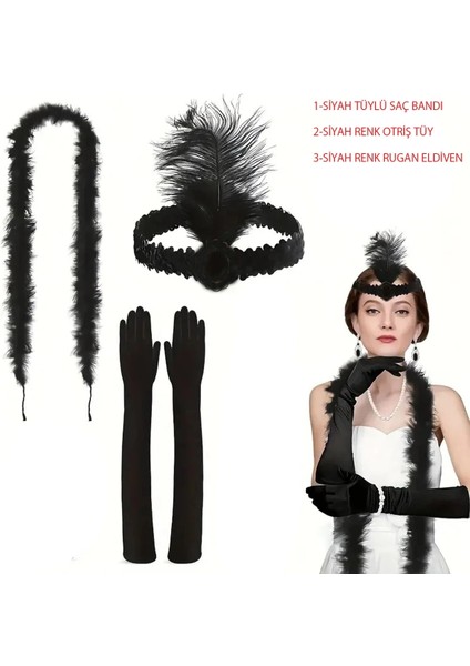 1920’LER Tarzı Siyah Tüylü Saç Bandı, Rugan Siyah Eldiven ve Siyah Otri̇ş Seti
