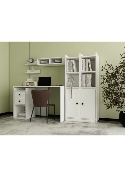 Modüler Ofis Çalışma Masası Kitaplıklı Çekmeceli Dolaplı BEYAZ-NRG-OFM-1001