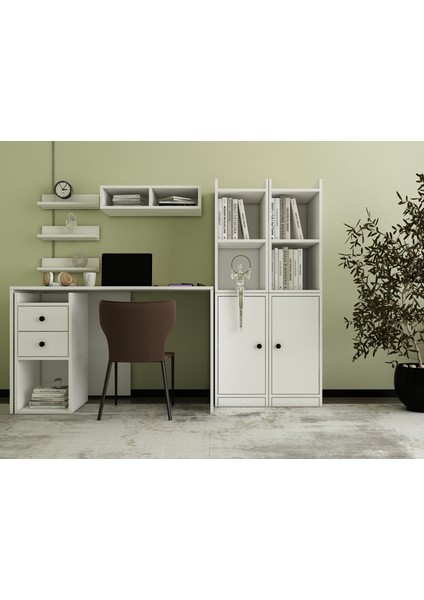 Modüler Ofis Çalışma Masası Kitaplıklı Çekmeceli Dolaplı BEYAZ-NRG-OFM-1001 fiyatları