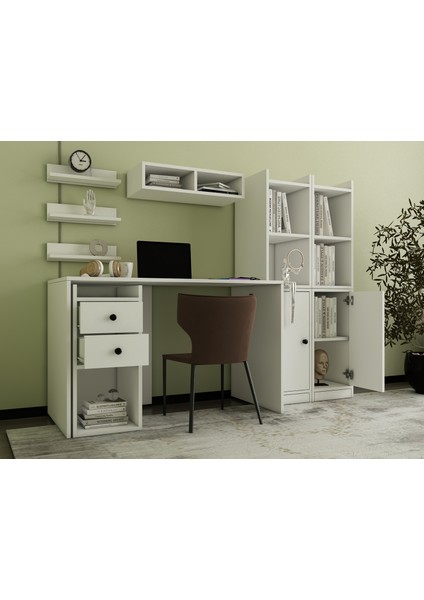 Modüler Ofis Çalışma Masası Kitaplıklı Çekmeceli Dolaplı BEYAZ-NRG-OFM-1001 modelleri