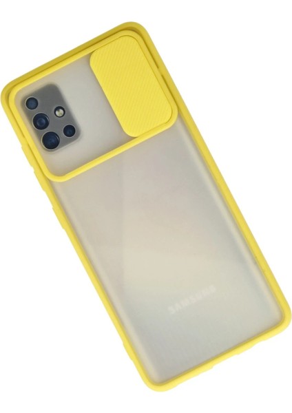 MYT09 Samsung Galaxy A71 Kılıf Palm Buzlu Kamera Sürgülü Silikon - Sarı fiyatları