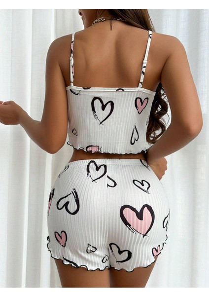 Kalp Desenli Askılı Kısa Ev Pijama Takımı – Yumuşak Dokulu