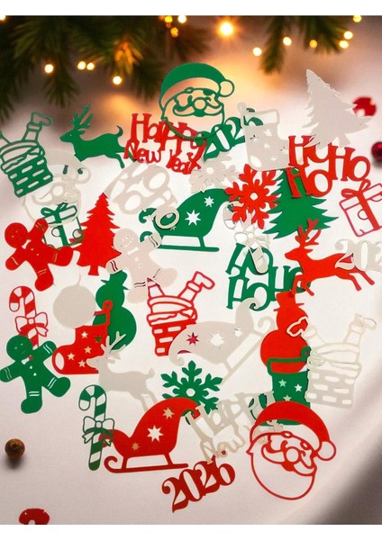 Renkli Yılbaşı Temalı 50’li Masa Konfeti, Noel Baba, Kardan Adam, Geyik, Kurabiye Süsleri