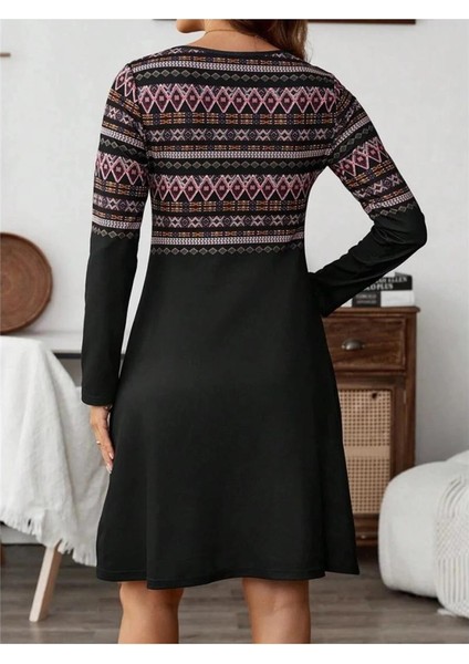 Kadın Uzun Kollu Bisiklet Yaka Etnik Desenli Kısa Şardonlu Dalgıç Elbise fiyatları