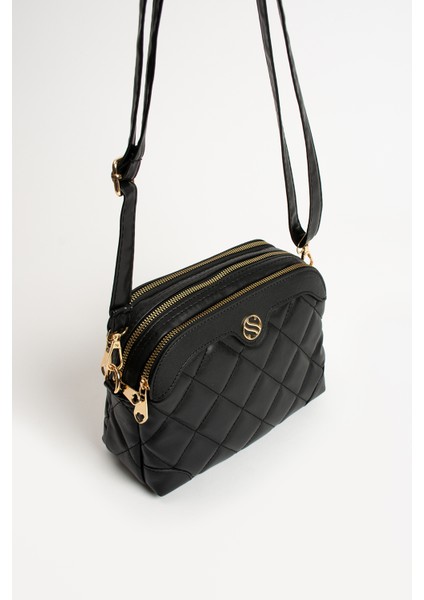 1267, Çapraz ve Ayarlanabilir Askılı, Kapitone Kumaş, Siyah Renkli Çanta