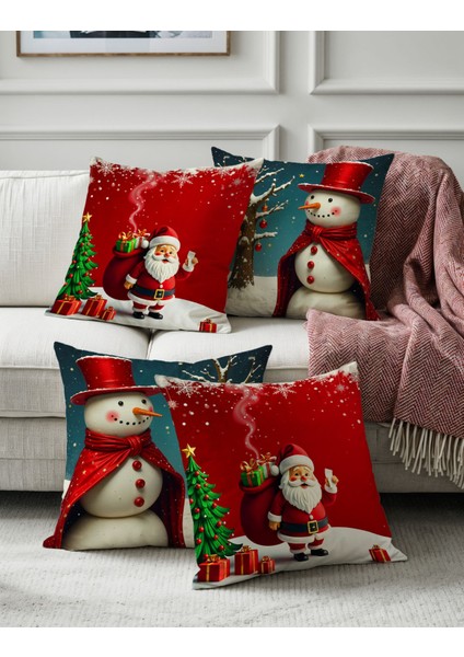 Yılbaşı Temalı 4'lü Kırlent Kılıfı Seti, Noel Baba ve Kardan Adam Desenli, Kırmızı Beyaz