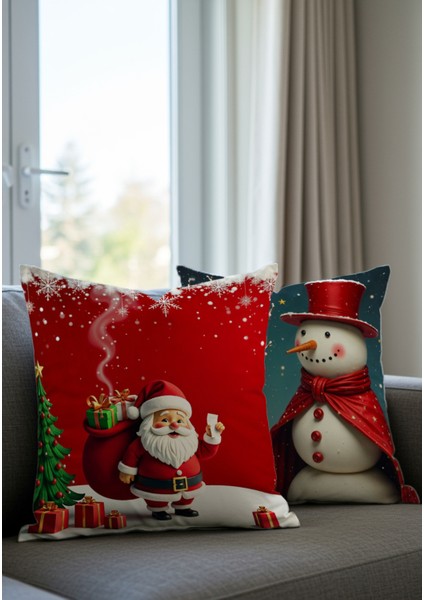 Yılbaşı Temalı 4'lü Kırlent Kılıfı Seti, Noel Baba ve Kardan Adam Desenli, Kırmızı Beyaz fiyatları