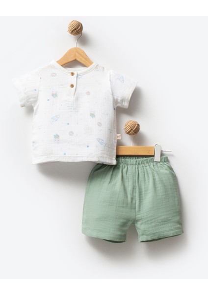 %100 Organik Pamuk Space Desen Müslin Kumaş Bebek Yazlık 2'li Şortlu Takım fiyatları
