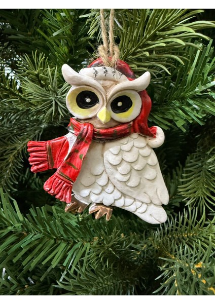 Kırmızı Desenli Noel Baykuş Figürü, Yılbaşı Süsü, Şapkalı, Sevimli ve Renkli Dekorasyon