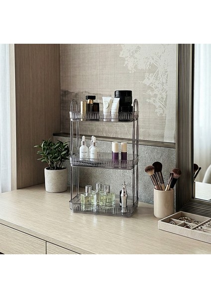 3 Katlı Makyaj Organizeri Kozmetik Aksesuar Düzenleyici Banyo Rafı Duman Gri (Dayanıklı Poli̇karbonat)