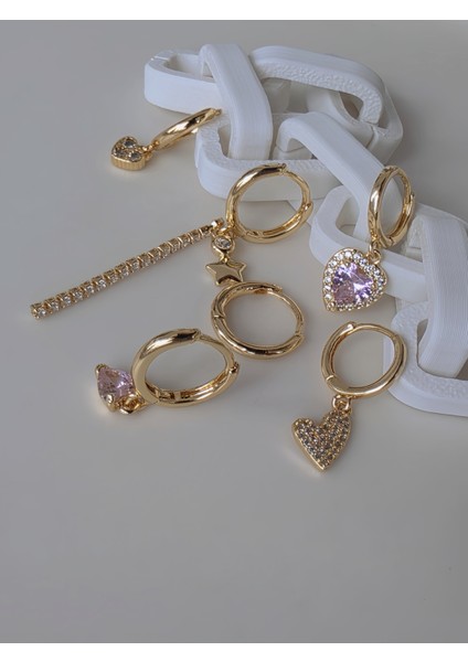 6'lı Kalp Yonca Yıldız Pembe Taş Gold Renk Küpe Seti