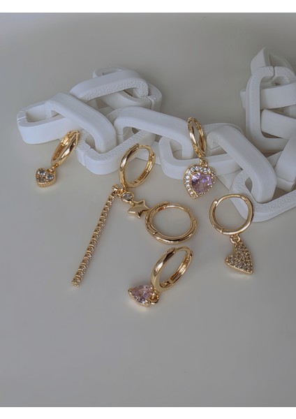 6'lı Kalp Yonca Yıldız Pembe Taş Gold Renk Küpe Seti fiyatları