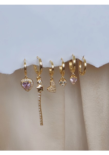 6'lı Kalp Yonca Yıldız Pembe Taş Gold Renk Küpe Seti modelleri