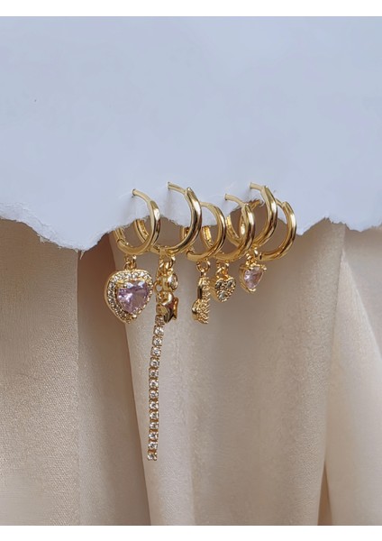 6'lı Kalp Yonca Yıldız Pembe Taş Gold Renk Küpe Seti fırsatları