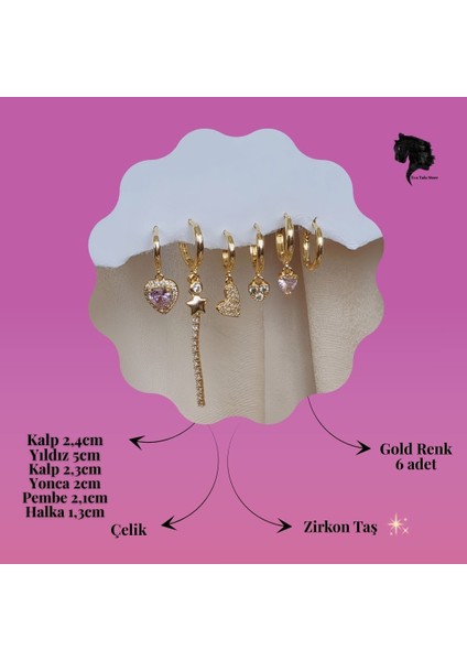6'lı Kalp Yonca Yıldız Pembe Taş Gold Renk Küpe Seti indirimleri