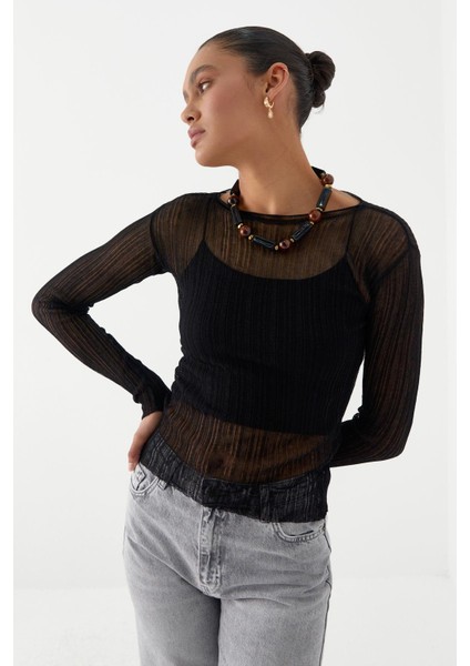 Yarı Transparan Uzun Kollu Fitilli T-Shirt Siyah