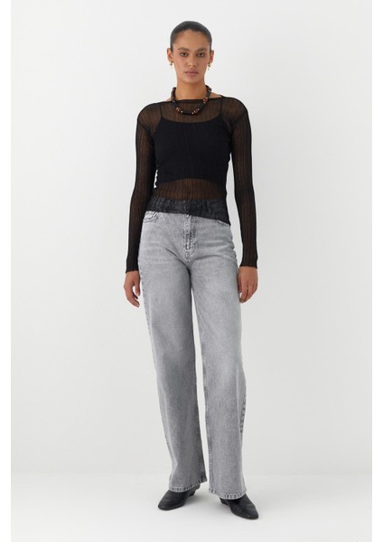 Yarı Transparan Uzun Kollu Fitilli T-Shirt Siyah fiyatları