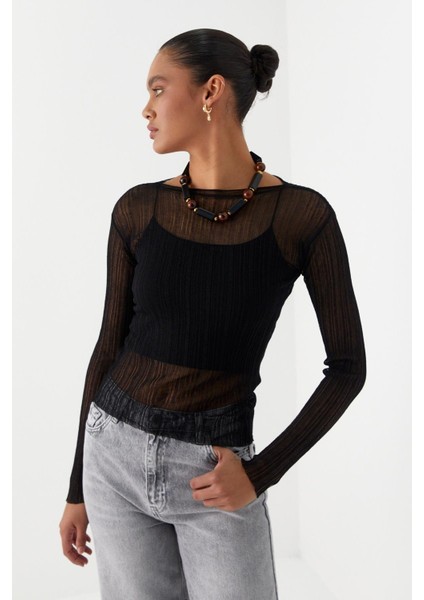 Yarı Transparan Uzun Kollu Fitilli T-Shirt Siyah fırsatları