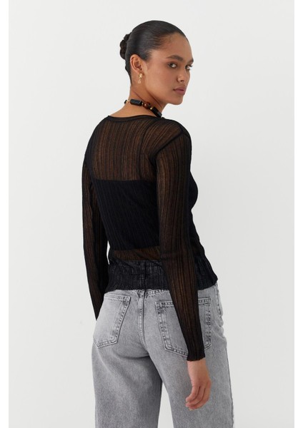 Yarı Transparan Uzun Kollu Fitilli T-Shirt Siyah indirimleri