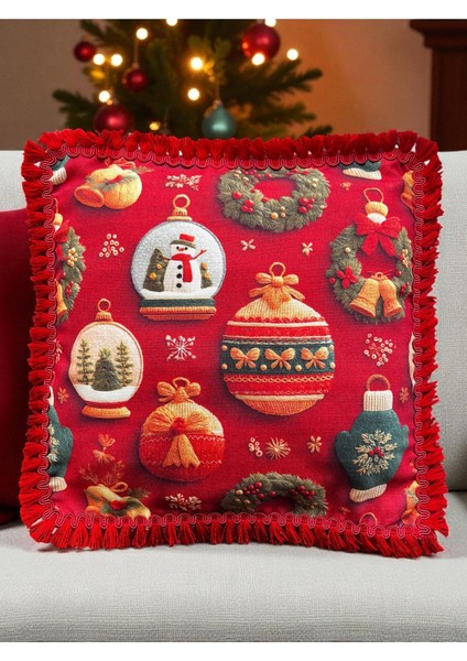 Yılbaşı Saçaklı Küre Çelenk Kırlent Kılıfı 40X40 Cm, Kırmızı, Neşeli Tatil Dekoru