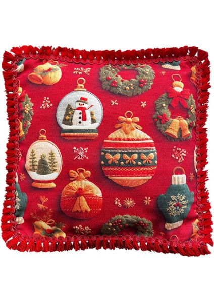 Yılbaşı Saçaklı Küre Çelenk Kırlent Kılıfı 40X40 Cm, Kırmızı, Neşeli Tatil Dekoru fiyatları