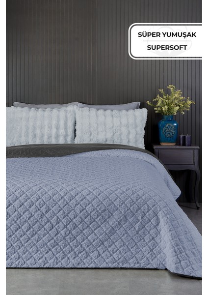 Premium Peluş Çift Kişilik Çok Amaçlı Yatak Örtüsü 200X220 Çift Taraflı Yumuşak Battaniye Pike Gri Mavisi / Antrasit