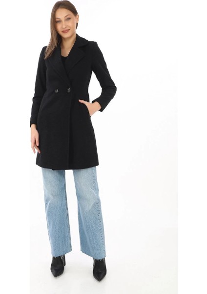 Kadın Kaşe Kaban – Siyah Yünlü Dokuma, Kruvaze Yaka, Astarlı, Cepli, Kuşaklı Uzun Boy Tesettür Uyumlu Kışlık Şık Kaban - Siyah fiyatları