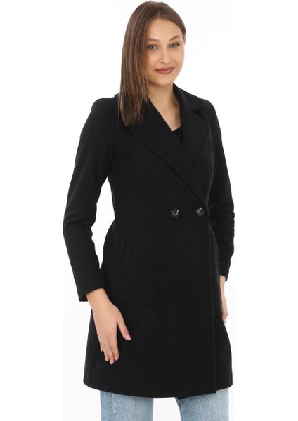 Kadın Kaşe Kaban – Siyah Yünlü Dokuma, Kruvaze Yaka, Astarlı, Cepli, Kuşaklı Uzun Boy Tesettür Uyumlu Kışlık Şık Kaban - Siyah fırsatları