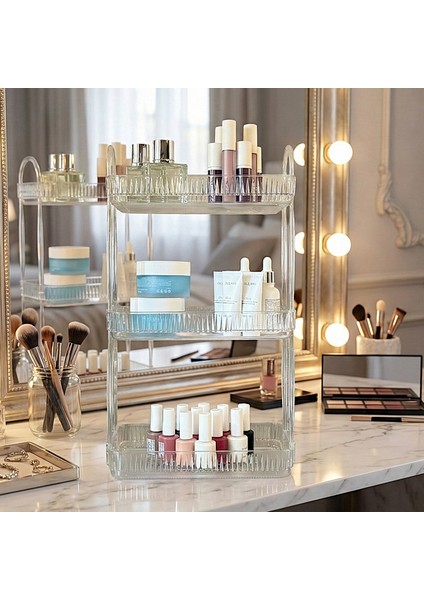 3 Katlı Makyaj Organizeri Kozmetik Aksesuar Düzenleyici Banyo Rafı Şeffaf Diamond (Dayanıklı Poli̇karbonat)