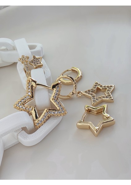 6'lı Yıldız Figürlü Zirkon Taşlı Gold Renk Küpe Seti