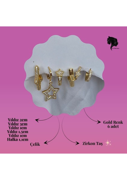 6'lı Yıldız Figürlü Zirkon Taşlı Gold Renk Küpe Seti fırsatları