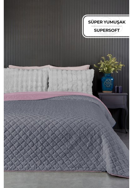 Premium Peluş Çift Kişilik Çok Amaçlı Yatak Örtüsü 200X220 Çift Taraflı Yumuşak Battaniye Pike Antrasit / Pudra