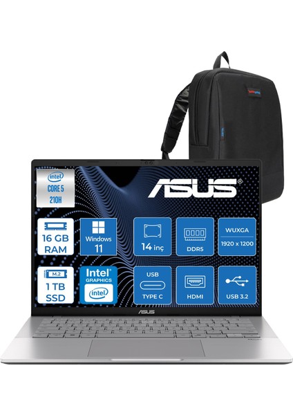 Vivobook S14 S3407VA Intel Core 5 210H 4.8 Ghz 16GB Ddr5 1tb SSD Windows 11 Pro 14 Inç IPS Wuxga (1920 x 1200) 300NITS Taşınabilir Bilgisayar WLY083P13 + Zetta Çanta