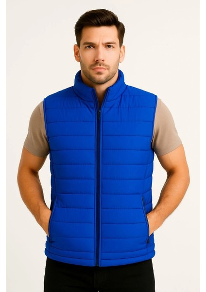 Erkek Şişme Fermuarlı Yelek Su Itici Kapitone Astarlı Kumaş Cepli Hafif Kışlık Spor Rahat Kalıp - Saks Mavisi fiyatları