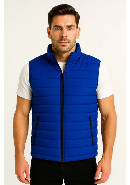 Erkek Şişme Fermuarlı Yelek Su Itici Kapitone Astarlı Kumaş Cepli Hafif Kışlık Spor Rahat Kalıp - Saks Mavisi indirimleri