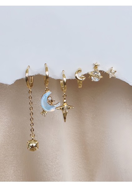 6'lı Ay Top Gezegen Yıldız Figürlü Gold Renk Küpe Seti modelleri