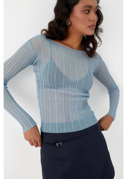 Yarı Transparan Uzun Kollu Fitilli T-Shirt Mavi