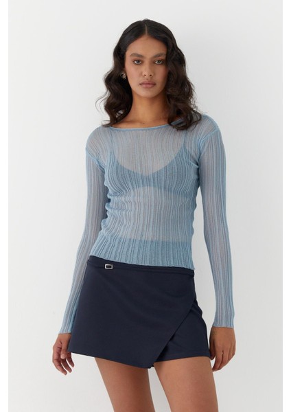 Yarı Transparan Uzun Kollu Fitilli T-Shirt Mavi fiyatları
