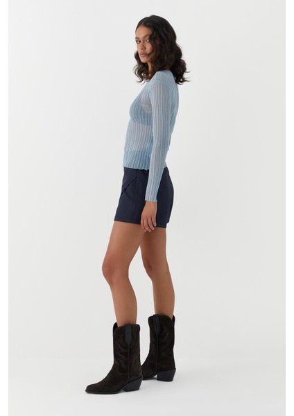 Yarı Transparan Uzun Kollu Fitilli T-Shirt Mavi modelleri