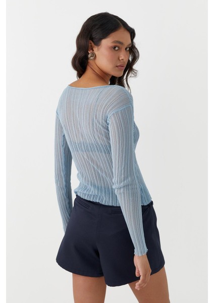 Yarı Transparan Uzun Kollu Fitilli T-Shirt Mavi fırsatları