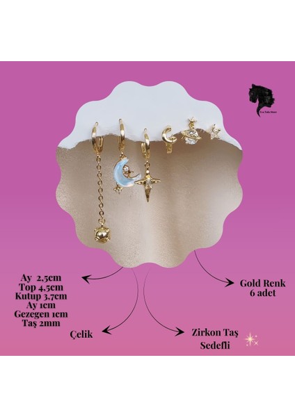 6'lı Ay Top Gezegen Yıldız Figürlü Gold Renk Küpe Seti indirimleri