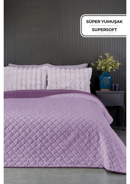 Premium Peluş Çift Kişilik Çok Amaçlı Yatak Örtüsü 200X220 Çift Taraflı Yumuşak Battaniye Pike Lila / Mor